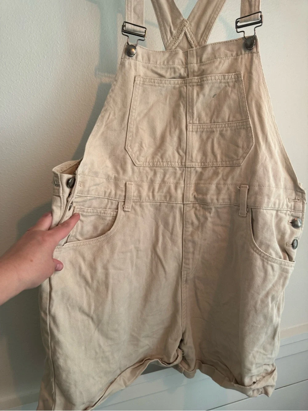Beige Short Overalls Romper with Adjustable Straps